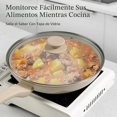sarten ceramica con tapa de vidrio — Blanco crema inducción de granito 9 pulgadas 24 cm