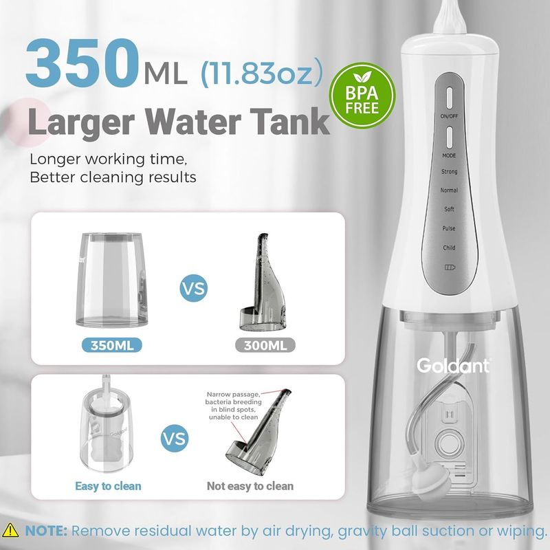 Irrigador o hilo dental de agua de 11.8 fl oz — Blanco 5 modos de limpiesa