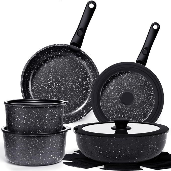 Juego de Ollas antiadherentes de granito con mango removible. 15 piezas. — Granito Negro. Apto para induccion.