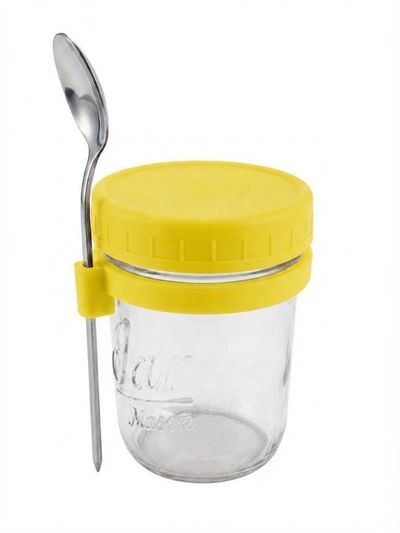 Recipiente de vidrio con cuchara 300ml — Color amarillo