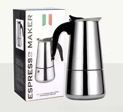 Cafetera, Greca 12 tazas — Acero inoxidable, apta para induccion.