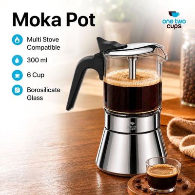 Cafetera, Greca 6 tazas — Vidrio - Acero, apto para induccion.