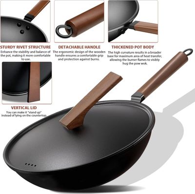 Sartén antiadherente tipo wok con tapa y mango de madera