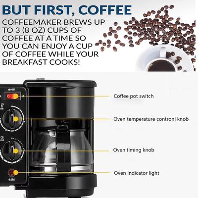 Estación de desayuno 3 en 1 con horno tostador y cafetera — Diseño multifuncional en color negro