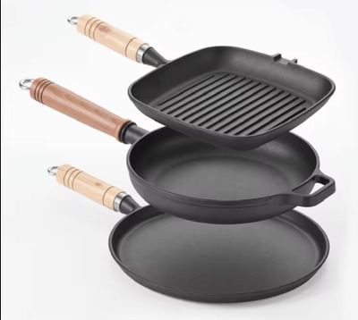 Juego de sarten mango de madera 3pzs — Hierro fundido set de 3 pzs grill 8.