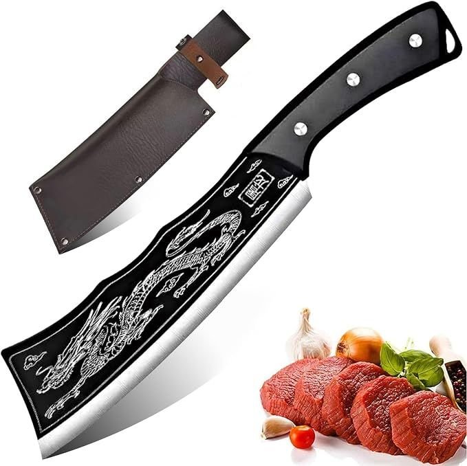Cuchillo de carnicero con grabado de dragón y funda