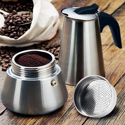 Cafetera, Greca 12 tazas — Acero inoxidable. apta para induccion