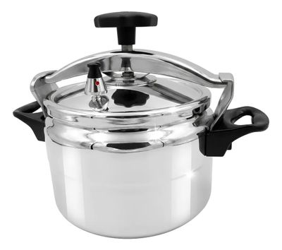 Olla de presión tradicional 9 litros — Aluminio pulido con perilla negra y válvula con tope rojo