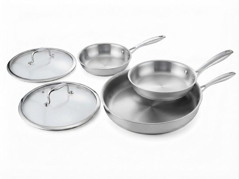 Set de 3 sartenes de 8, 10 y 12 pulgadas — Acero inoxidable apto para inducción con tapas de vidrio.