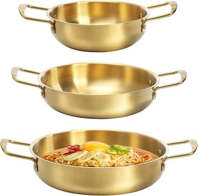 Set 3 sartenes o paellera con asas de 7, 8.7 y 9.5 pulgadas. — Color dorado