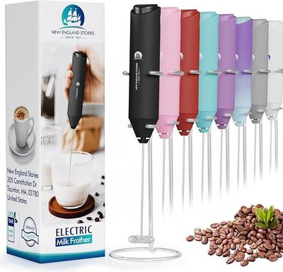 Batidor cremador de leche Eléctrico, con soporte. — Color negro, base de acero - Baterias.