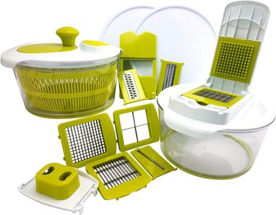 Procesador y centrífugador de ensaladas 10 en 1 — Plástico transparente y verde