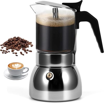 Cafetera, Greca 9 tazas — Vidrio - Acero, apto para induccion.