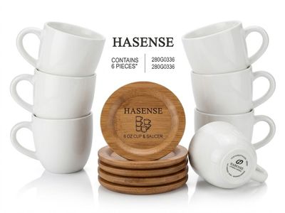 Juego de 6 tazas de 6oz con platillos de madera — Color blanco