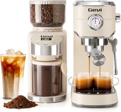 Combo Cafetera expreso y Molino vintage. — Color Beige - cromado, presion de 20 bares.